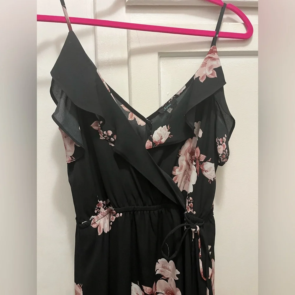 Black and Pink Floral Faux Wrap Dress - Picture 7 of 10